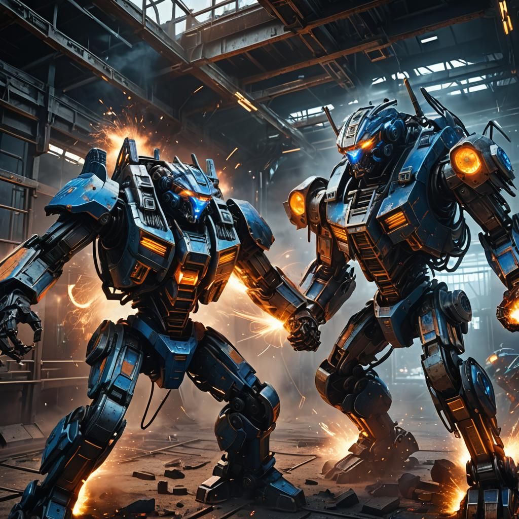 Mechs Clash in Steel Cage Arena: 3D Rendered Warfare