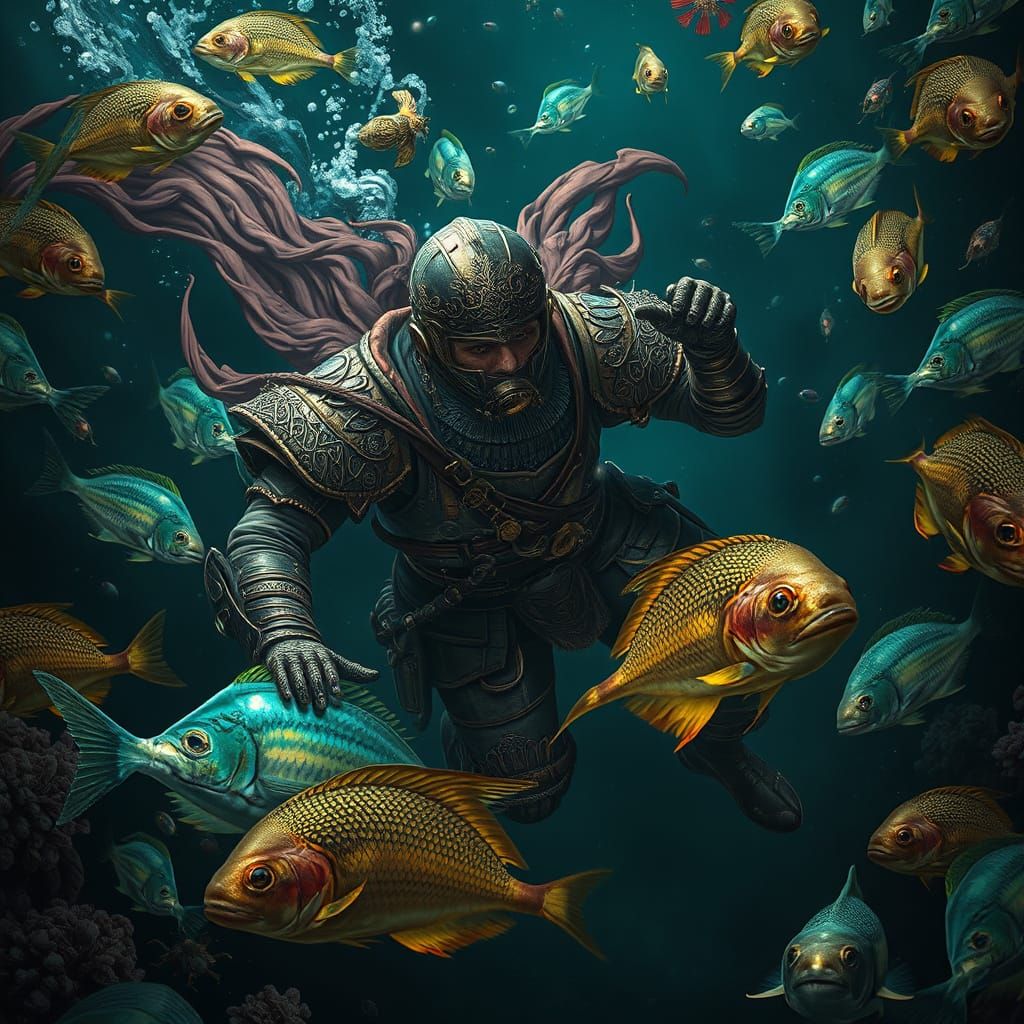 Medieval Deep-Sea Diver in Bioluminescent Ocean