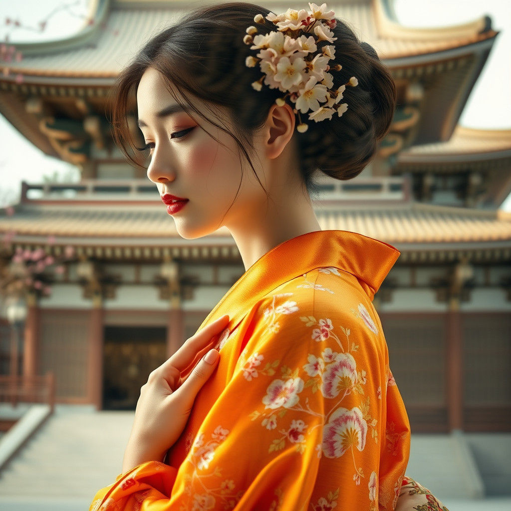 Serene Japanese Woman in Kimono with Temple Overlay