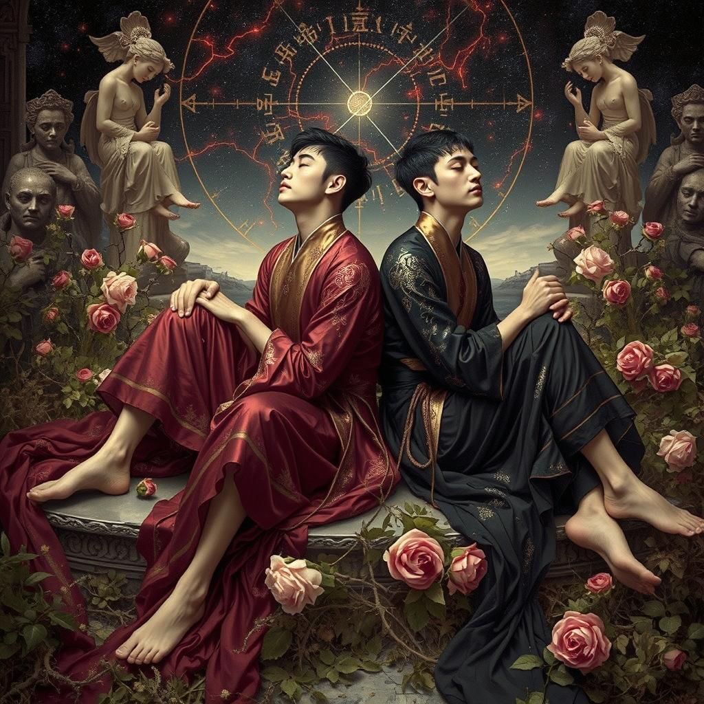 Pisces Constellation Over Gothic Garden with Chinese Figures