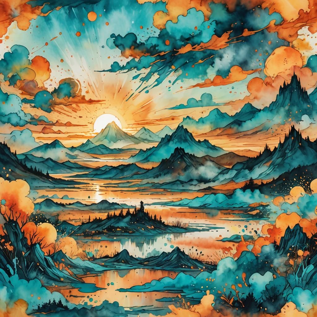 Whimsical Watercolor Sunrise Over Fantasy Landscape
