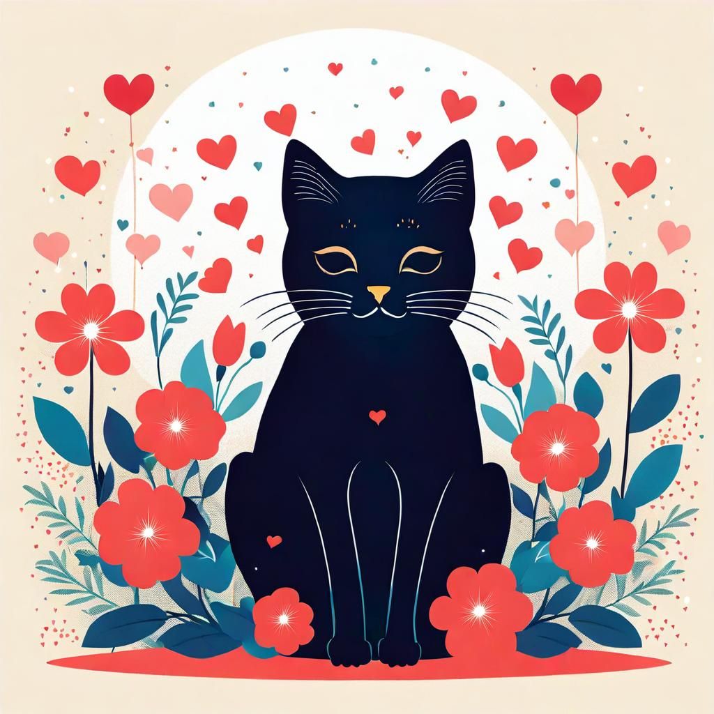 Cat on Pillow with Flowers: Minimalist Vector Art