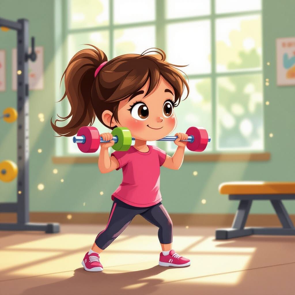 Determined Girl Lifts Weights in Vibrant Gym Illustration