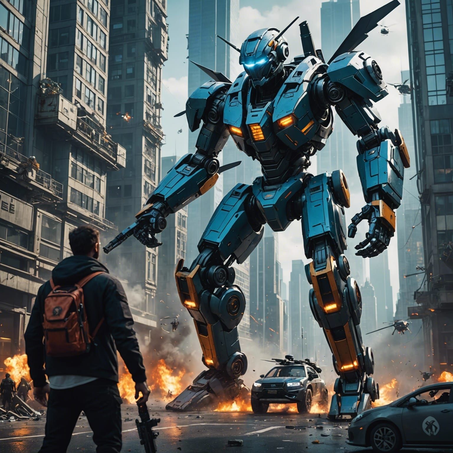 Man Versus Robot in Futuristic Cityscape