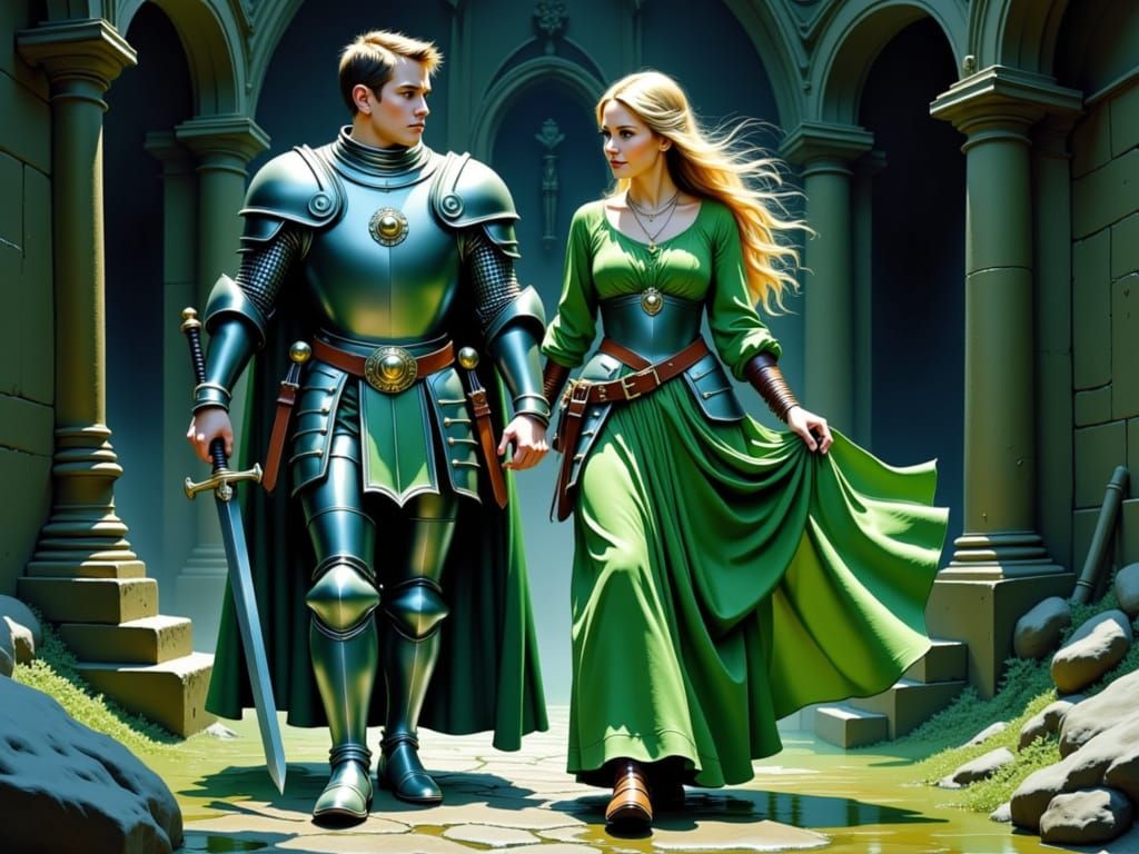 Paladin and Sorceress in Ethereal Watercolor Dungeon