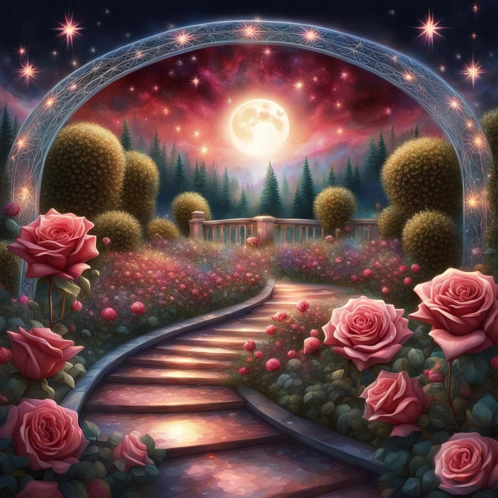 Rose Garden Under Jeweled Stars: Color Illustration