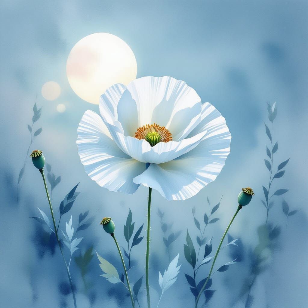 Ethereal White Poppy in Moonlit Watercolor Landscape