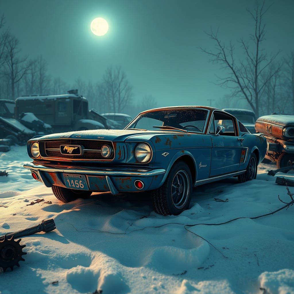Moonlit Junkyard Mustang in Cobalt Blue, Weathered, and Aban...