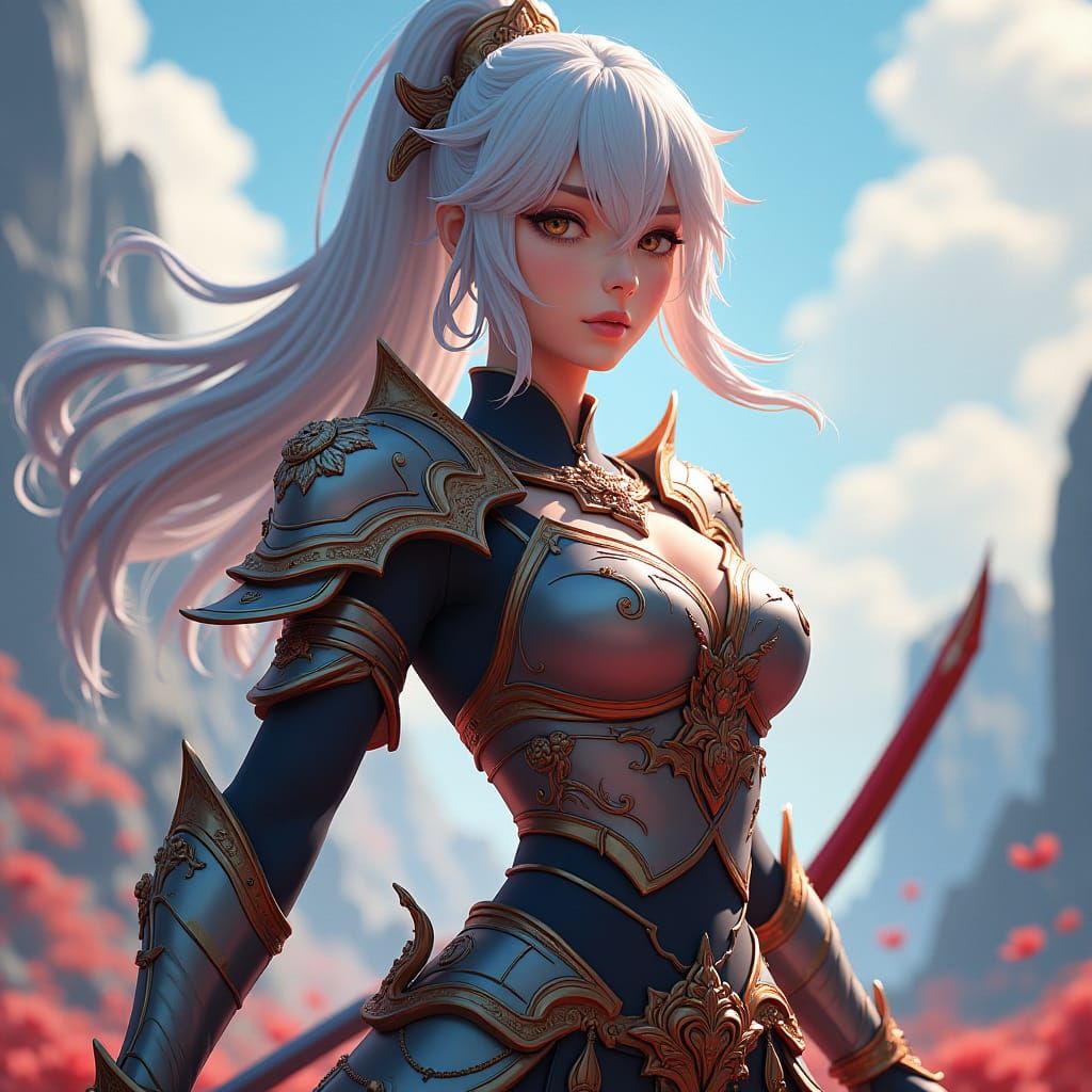 Armored Warrior Woman in Mystical Anime Landscape