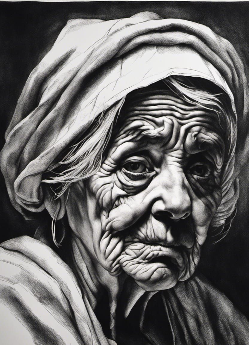Elderly Woman's Portrait in Chiaroscuro Ink