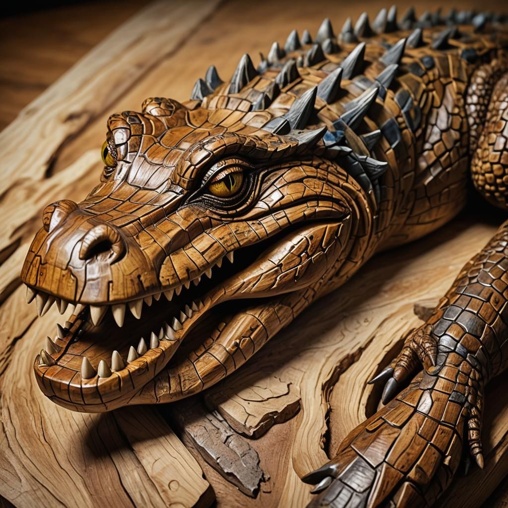 Olive Wood Crocodile Sculpture in Hyperrealistic Style