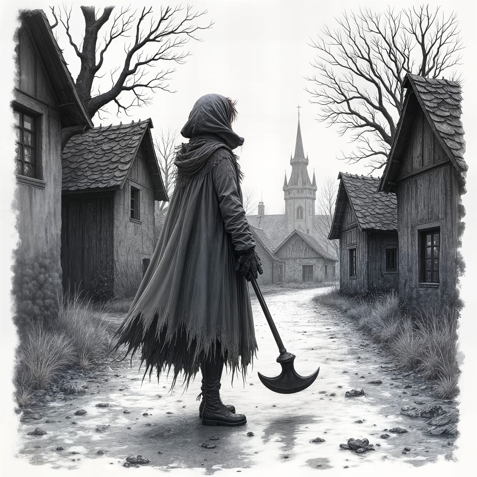 Grim Girl with Axe in Mysterious Village