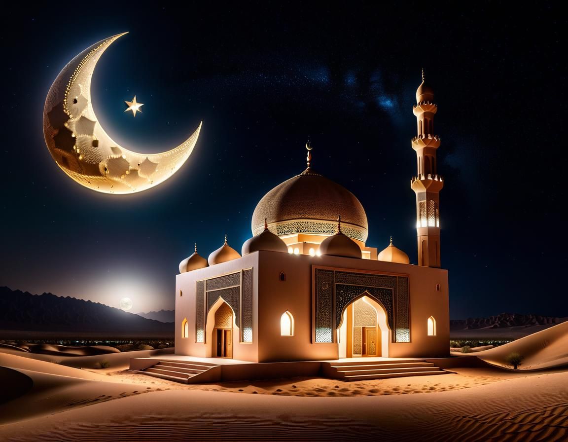 Desert Mosque at Night Under Crescent Moon