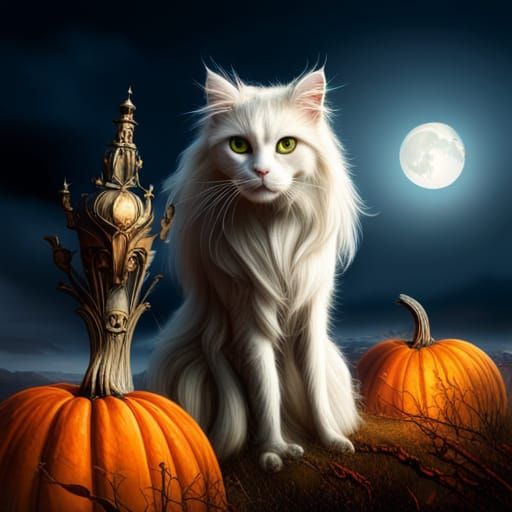 Armored Cat with Pumpkins, Skeletons, and Witches