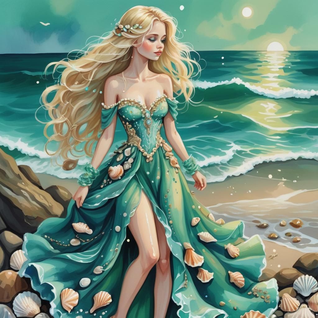 Blonde Mermaid with Legs in Gouache Style