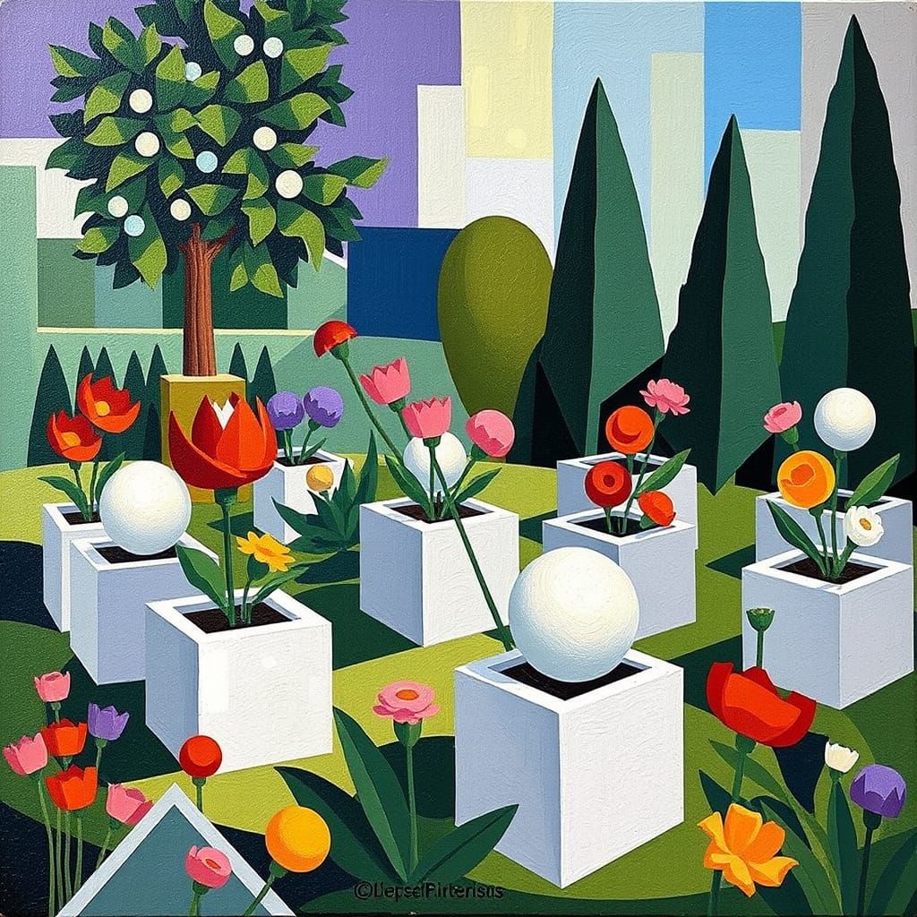 Cubist Garden with Geometric Flowers