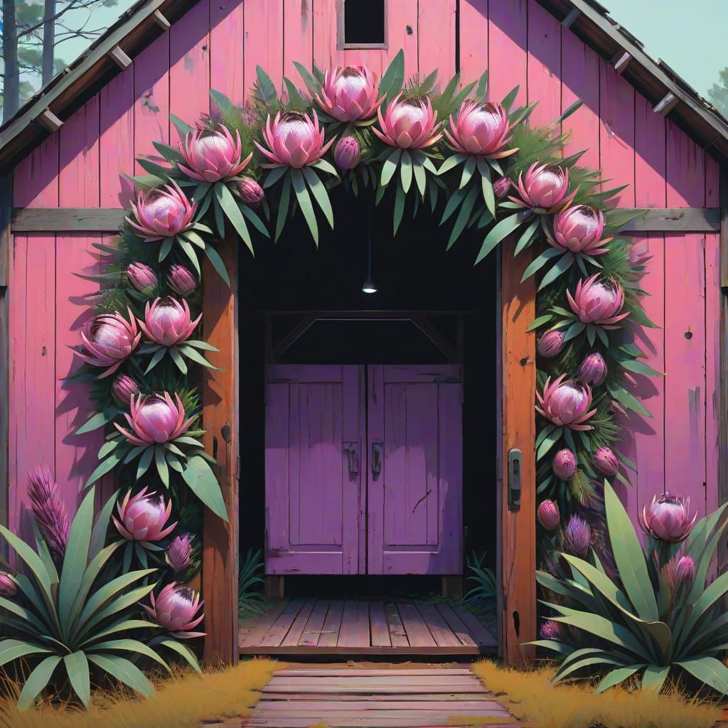 Lush Protea Wreath Adorns a Rustic Barn Door with Neon Accen...