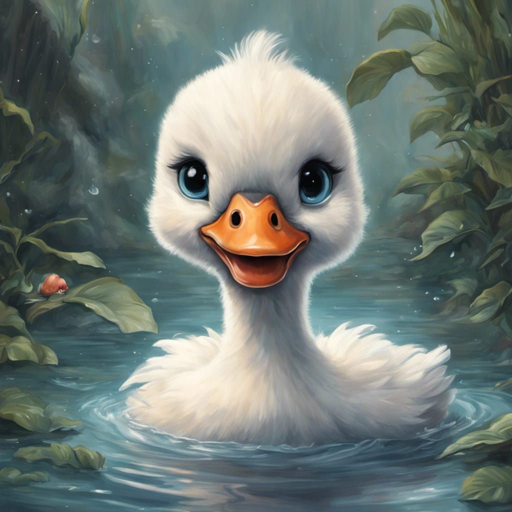 Adorable Cartoon Swan in Photorealistic Painting