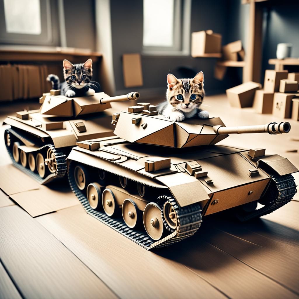 Hyperrealistic Cats Drive Cardboard Tanks