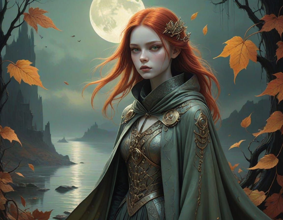 Ethereal Moonlit Girl in Autumn-Inspired Fantasy Attire