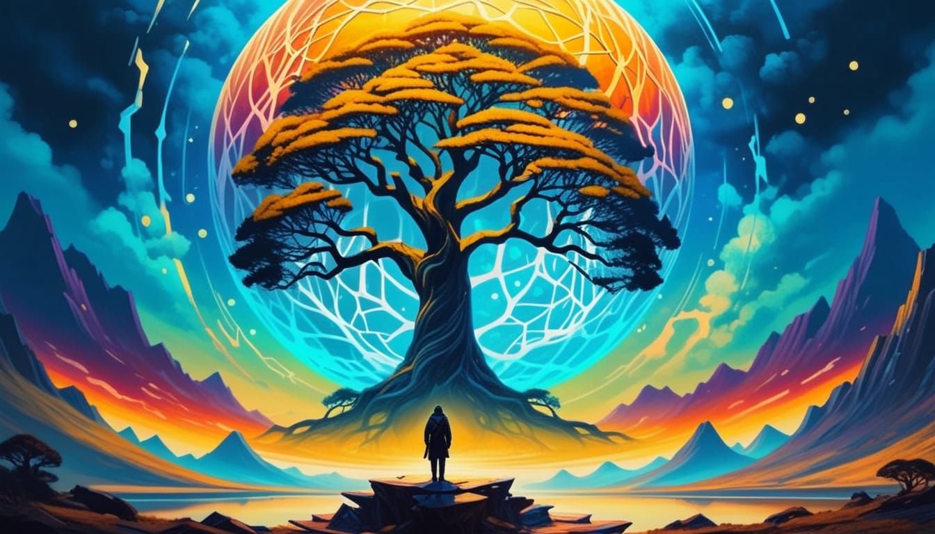 Magical Tree in Crystalline Sphere: Fauvist Oil Painting