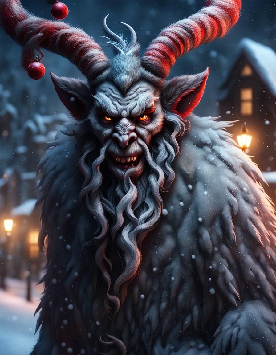 Detailed 3D Krampus Portrait in Snowy Town