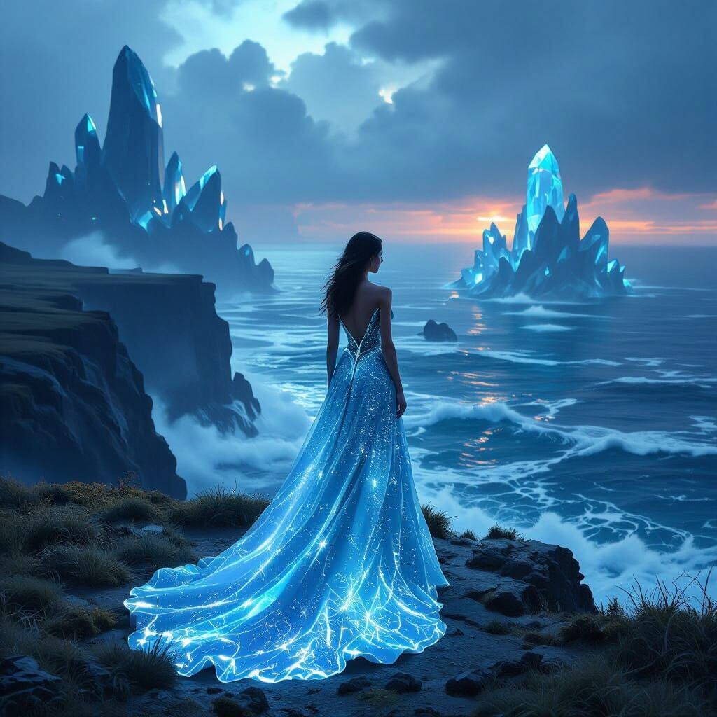 A lone, elegantly dressed woman stands on a windswept cliff ...