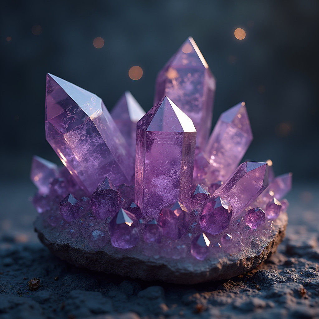 Amethyst Crystals in Dreamlike Fantasy Landscape