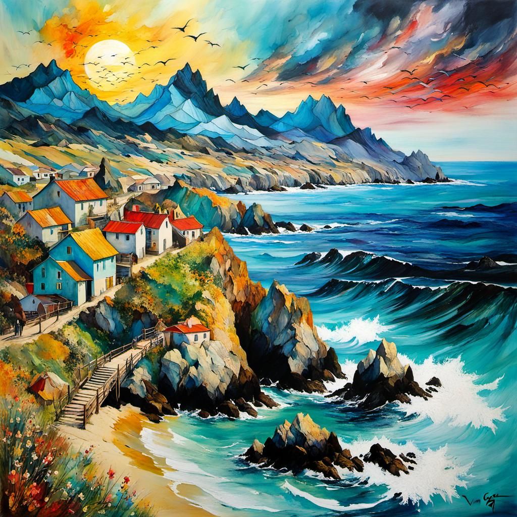 Coastal Village Sunset: Encaustic Alcohol Ink Seascape