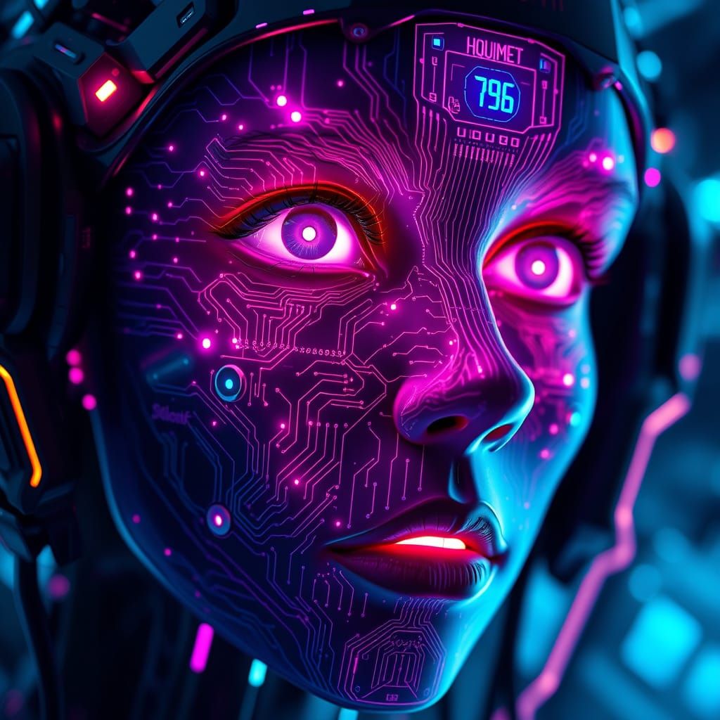 Ethereal Face of Digital Sentience in Cyberpunk Surrealism