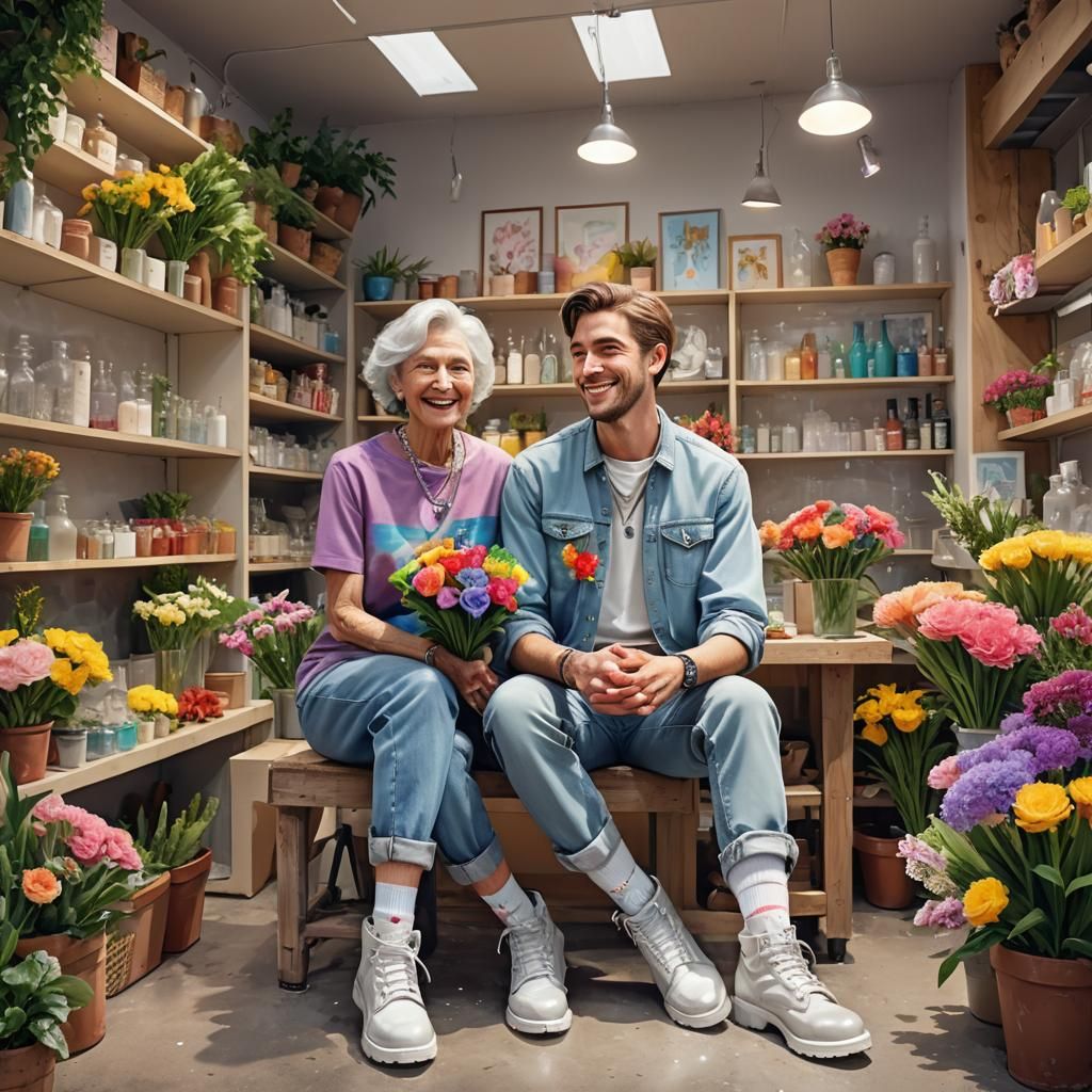 Young Man Serving Elderly Lady, Splash Art Style