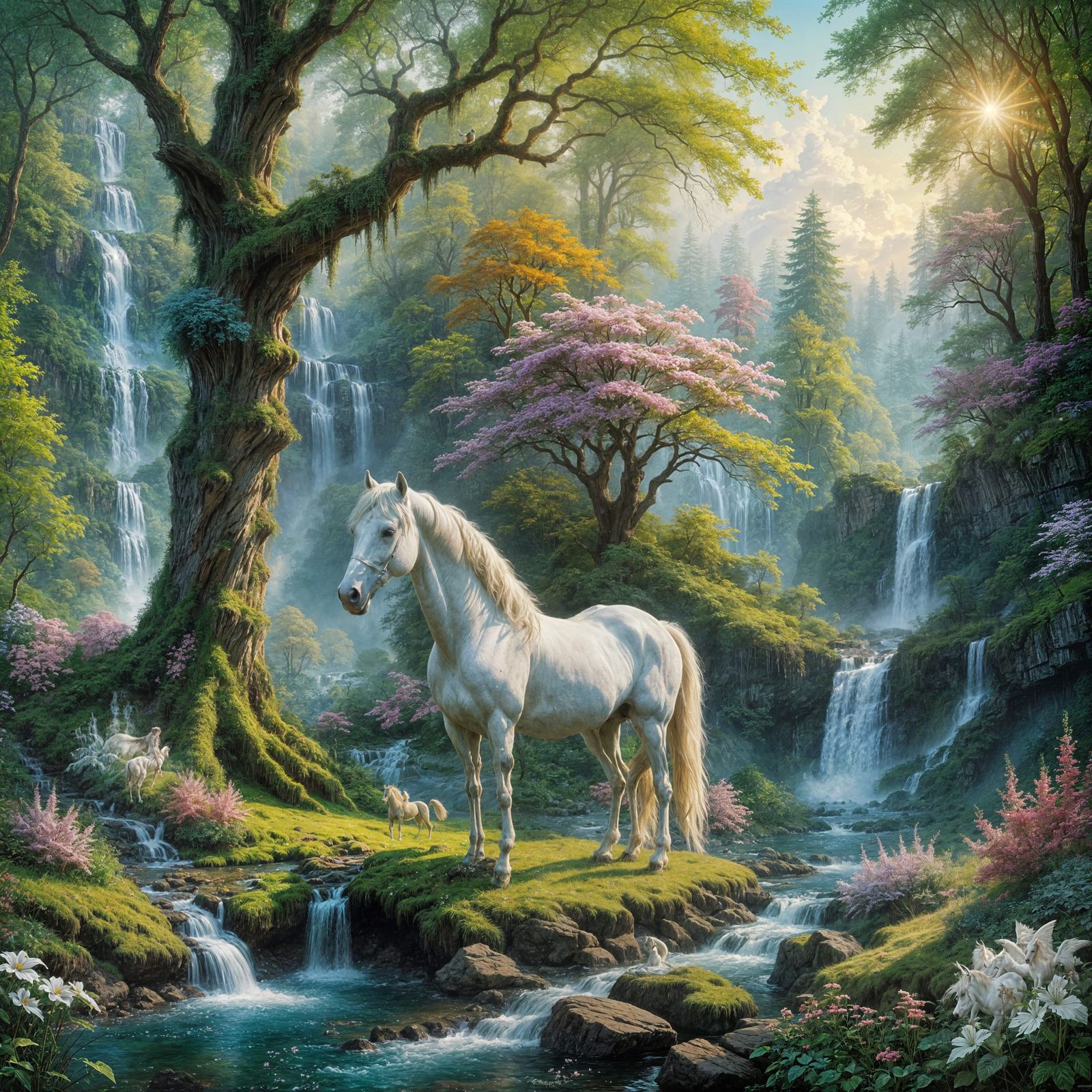 Enchanted Forest with Majestic White Stallion in Ethereal Re...