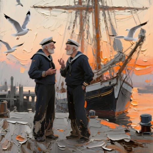 Elderly Sailors Chatting at Sunset, Impressionist Oil Painti...