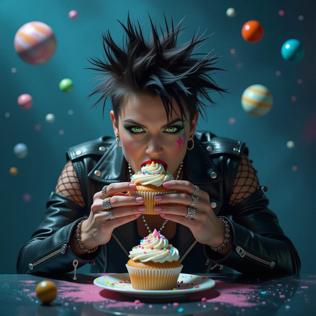 Punk Rocker Devours Cosmic Cupcake in Surreal Void