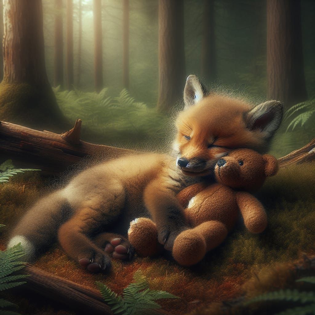 Fox Pup and Teddy Bear in Post-Impressionist Style