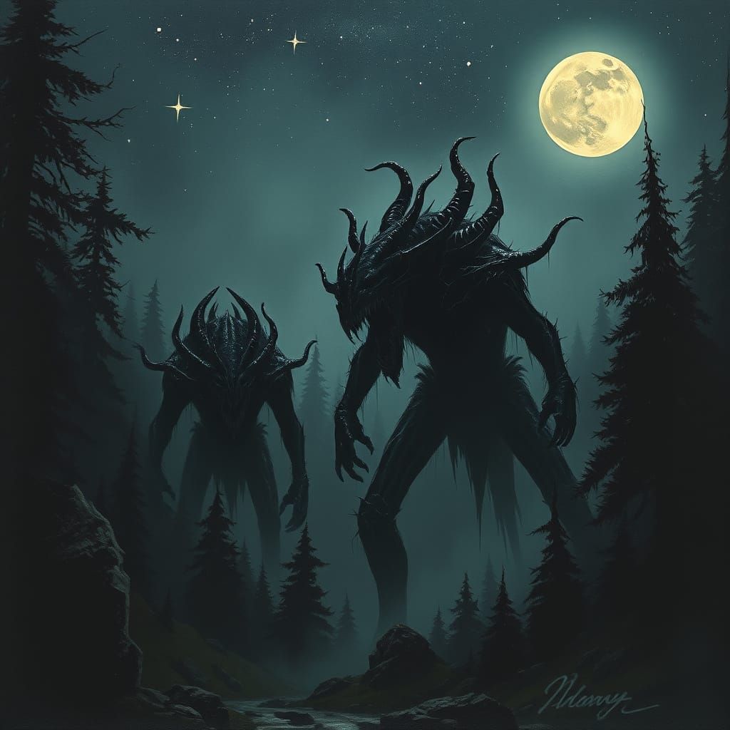 Monsters Emerge from Dark Forest Under Moonlight