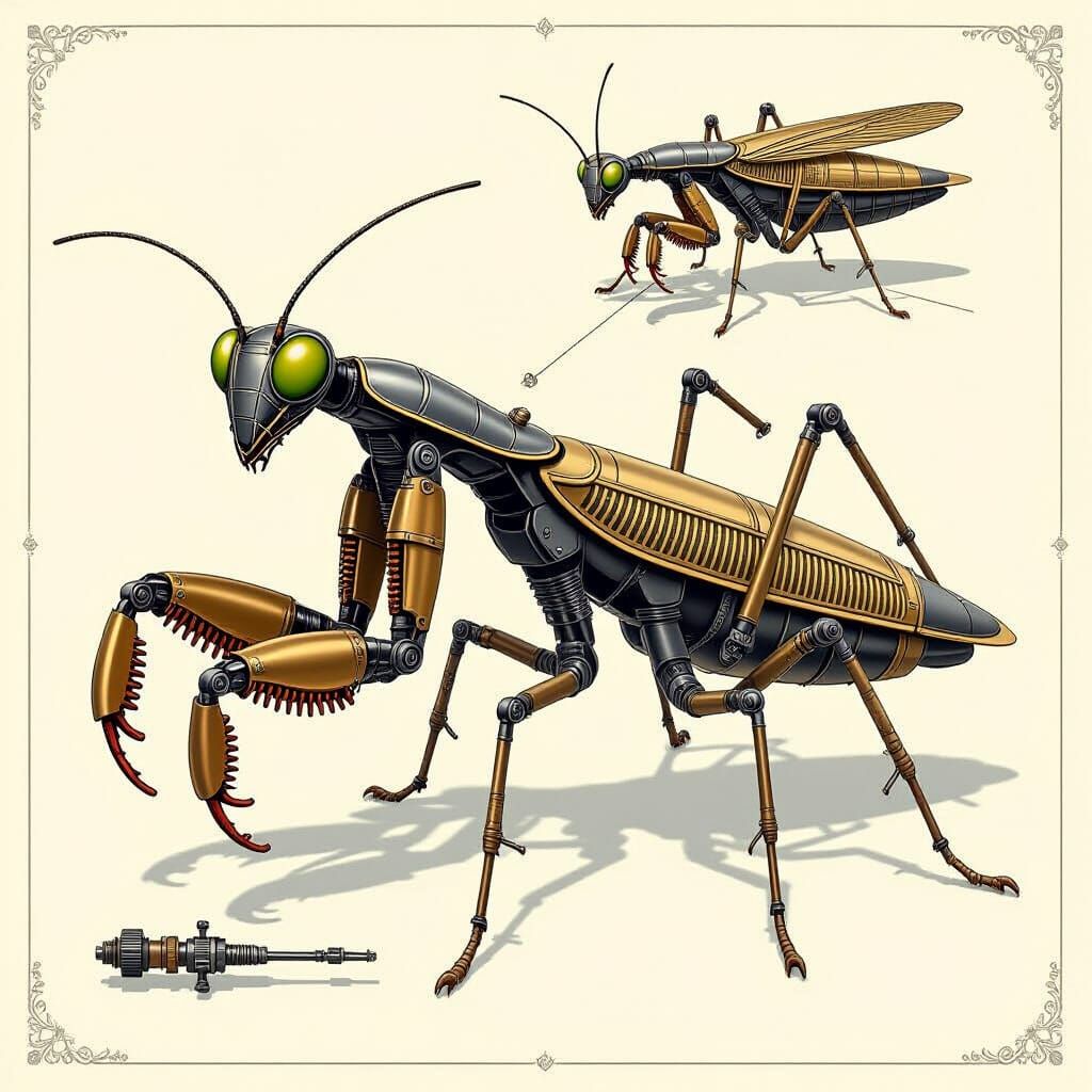 Mechanical Praying Mantis Technical Illustration