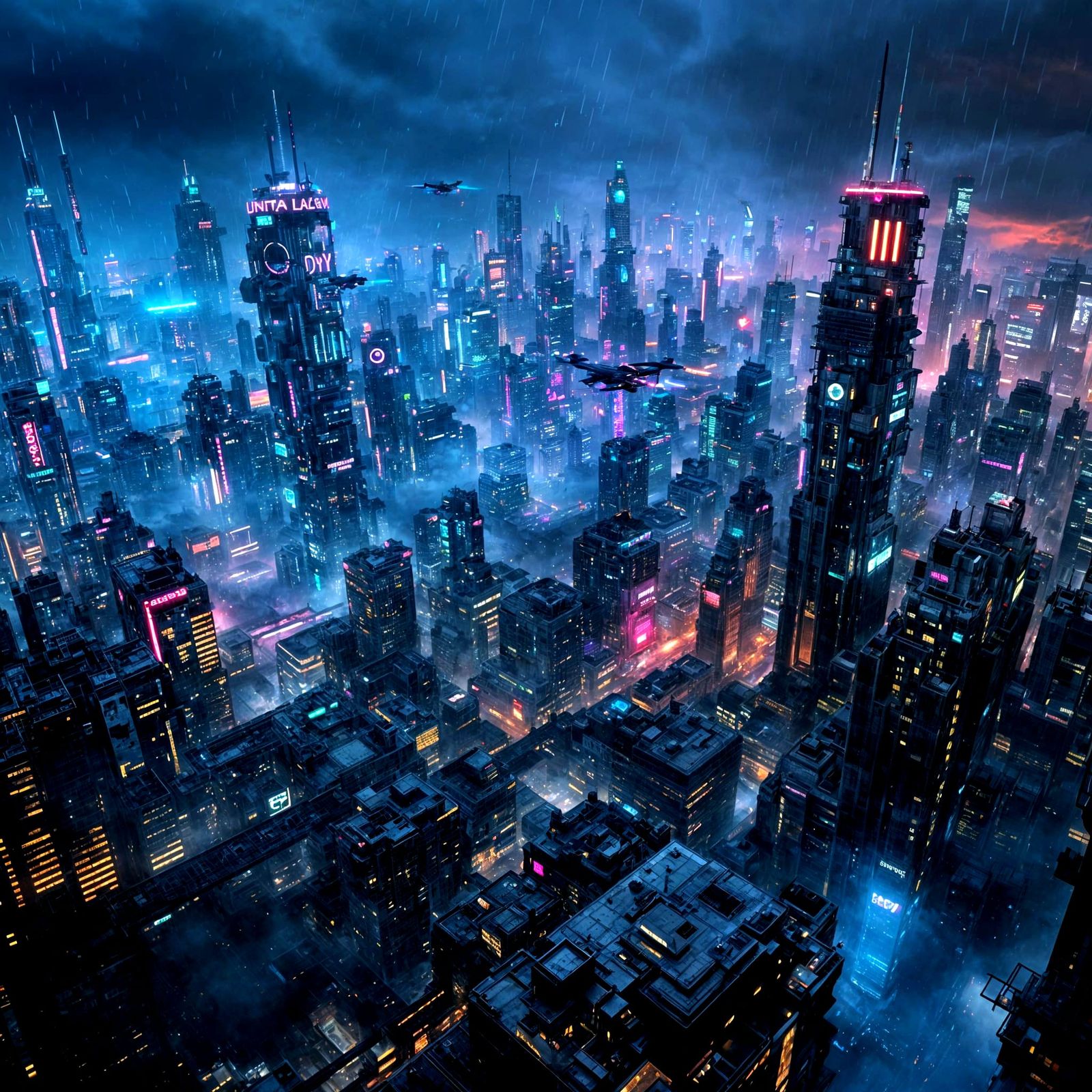 Cyberpunk Megacity at Night: Ultra-Wide Aerial View
