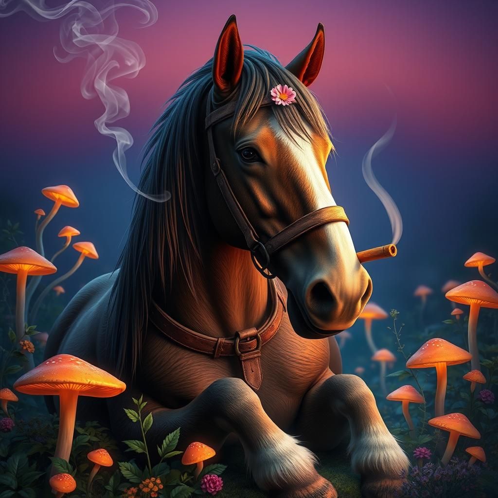 Clydesdale Horse Smoking Joint in Surreal Landscape