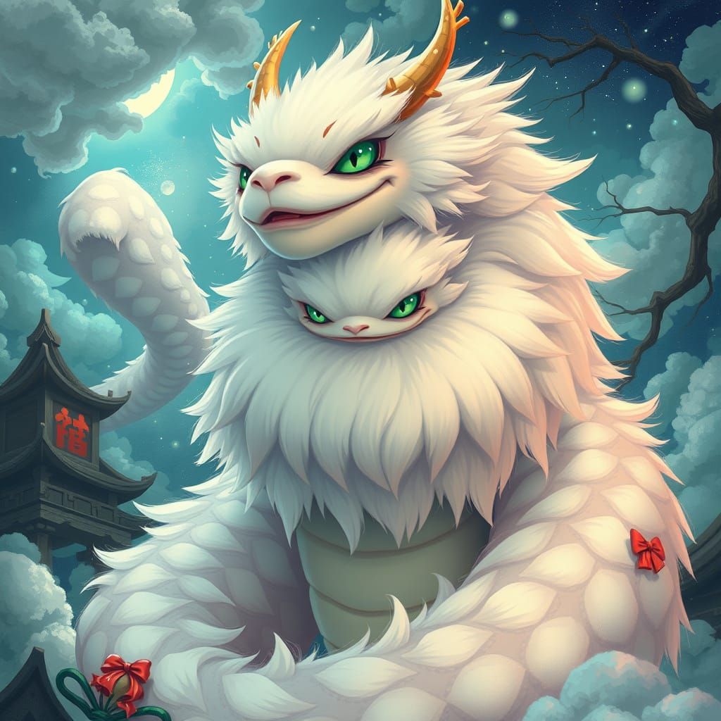 Friendly Yokai with Emerald Eyes in Dreamlike Setting