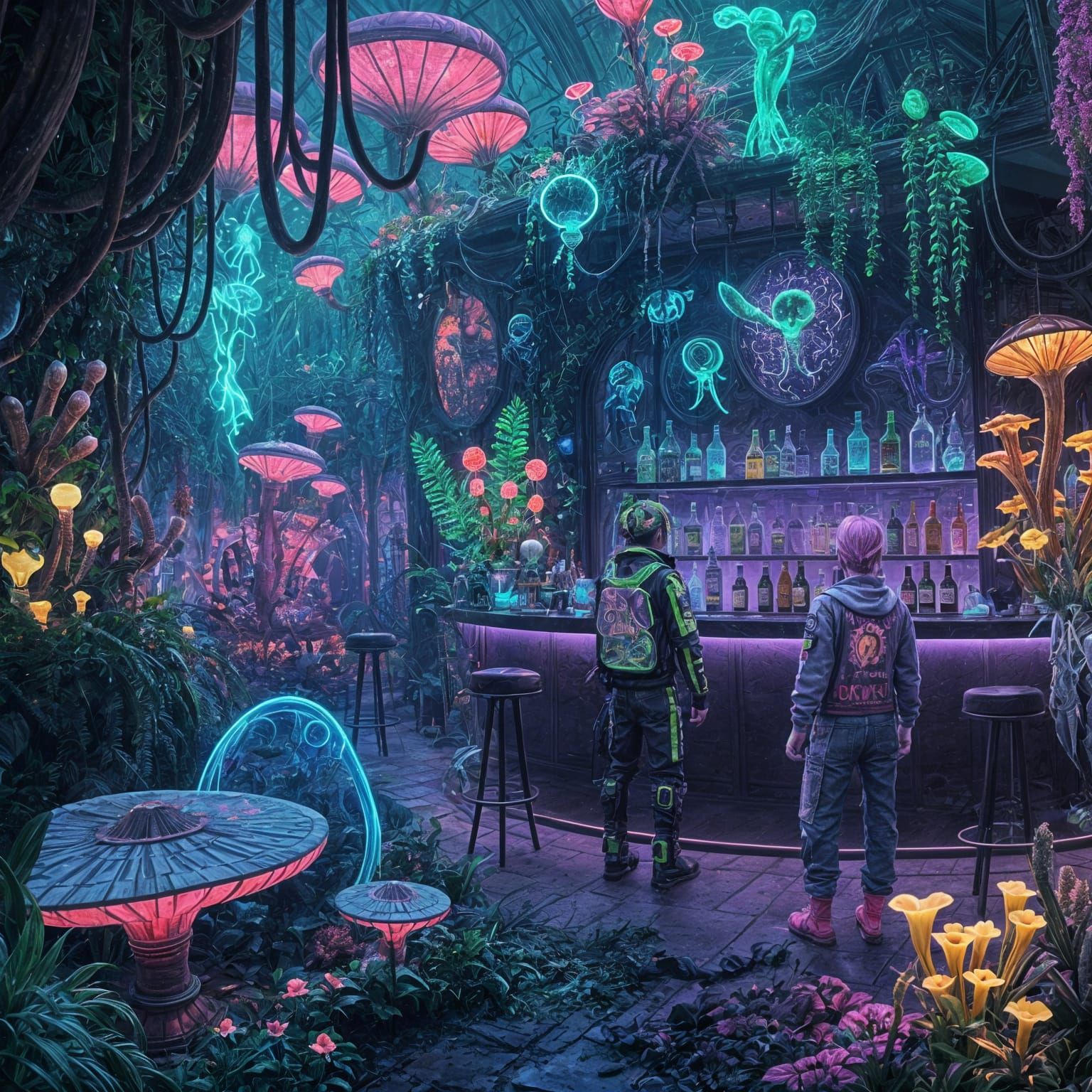 Alien Bar Scene with Glowing Plants and Creatures