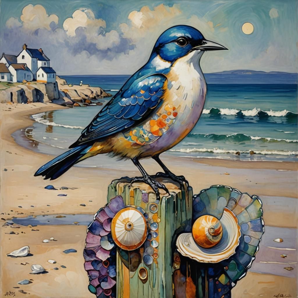 Bird on Shell Post: Abstract Art in Complementary Colors