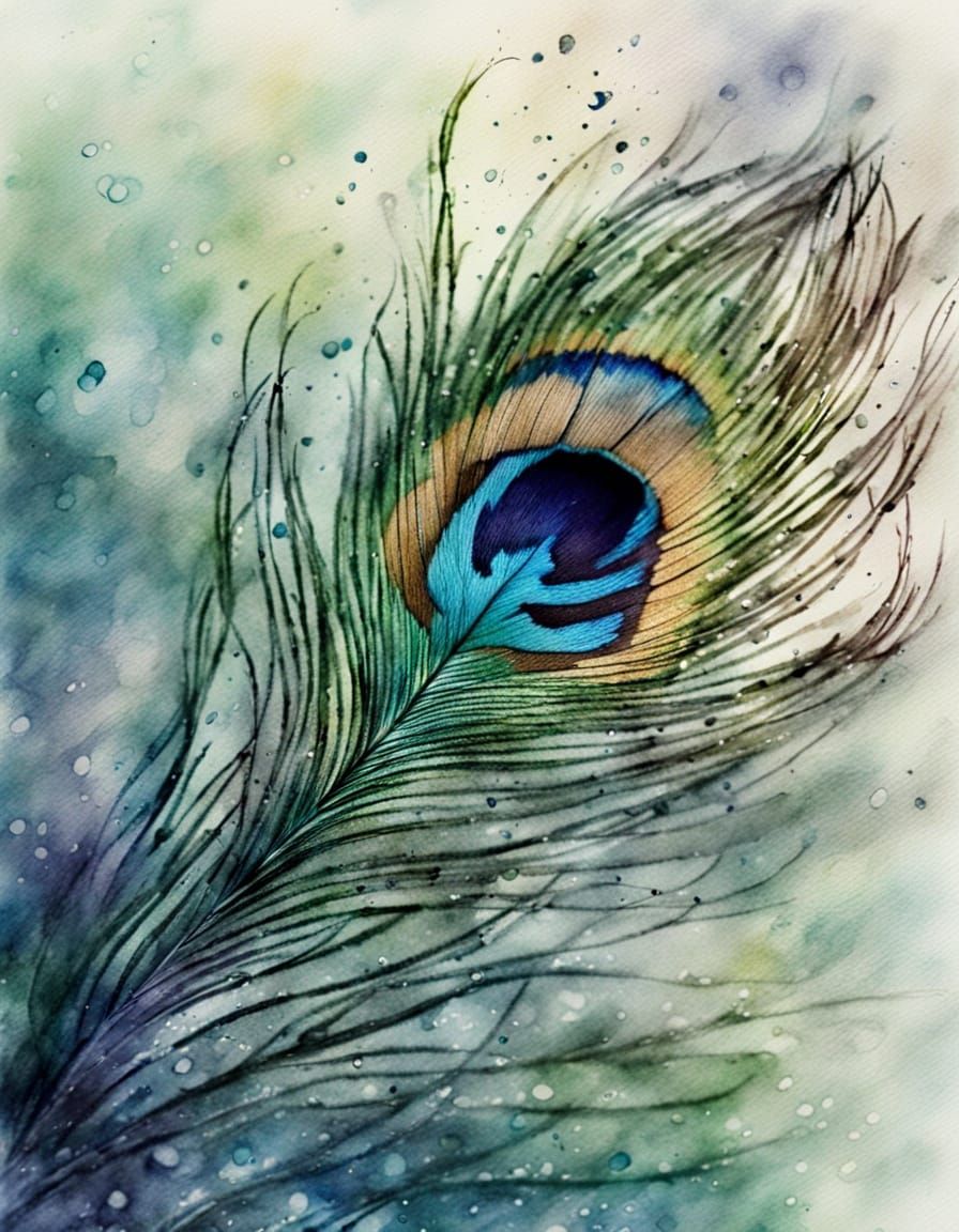 Macro Watercolour of a Soft Peacock Feather