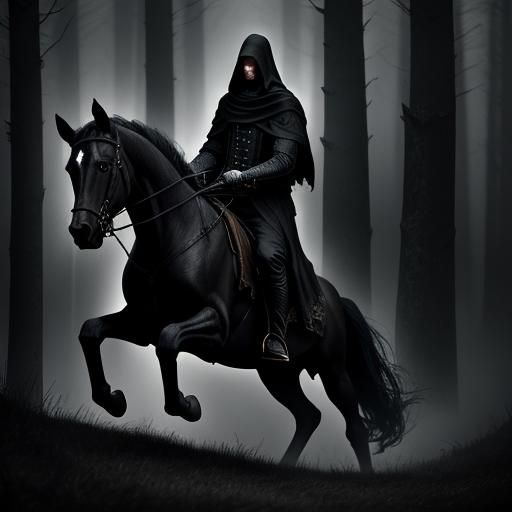Dark Wizard on Horseback in Misty Woods