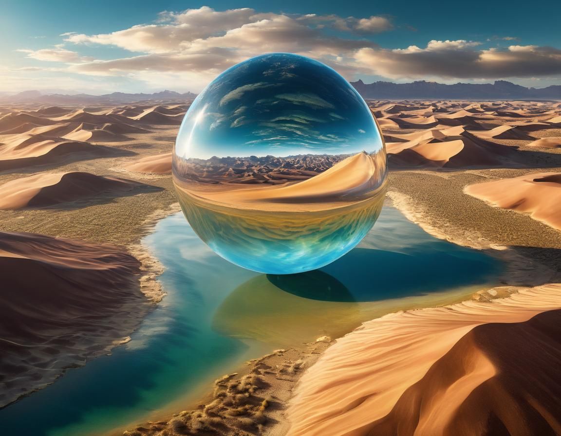Surreal Water Orb Over Desert Landscape