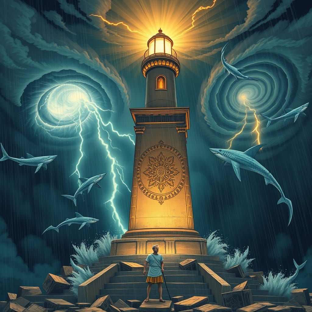 Lighthouse on Colossus of Rhodes in Storm