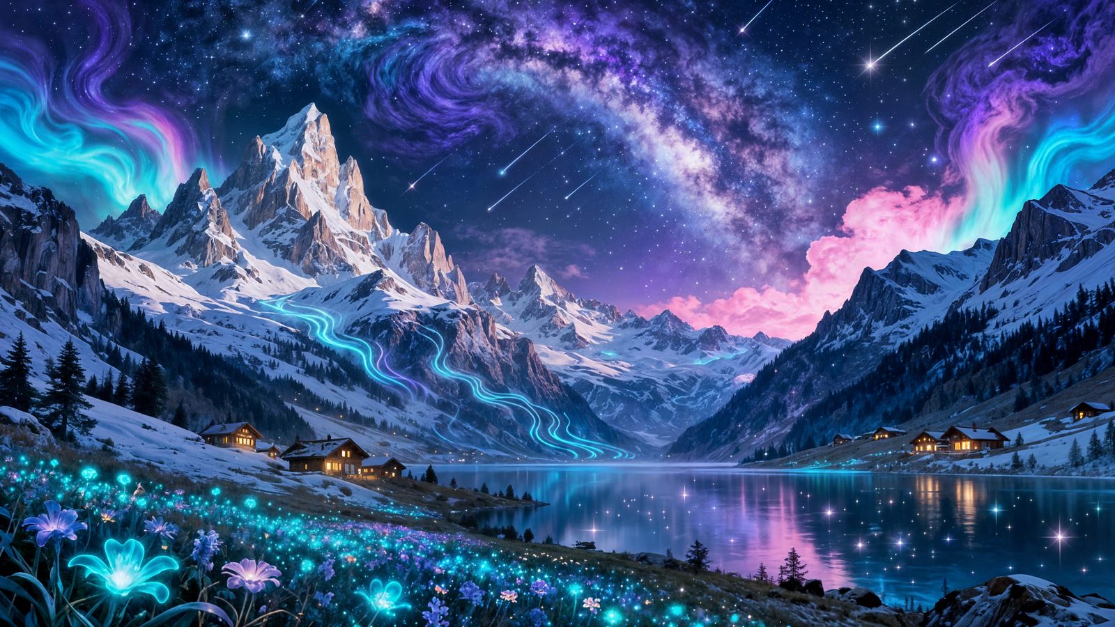 Cosmic Alps With Nebula Clouds And Aurora