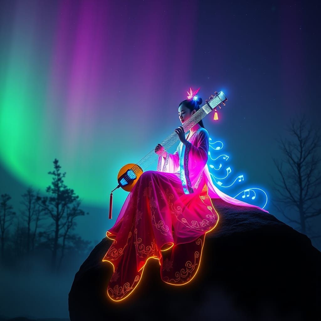 Neon Chinese Girl Playing Gu Zheng