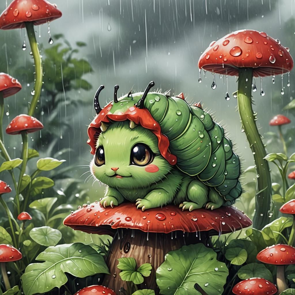 Chibi Caterpillar Under Mushroom in Pastel Watercolor