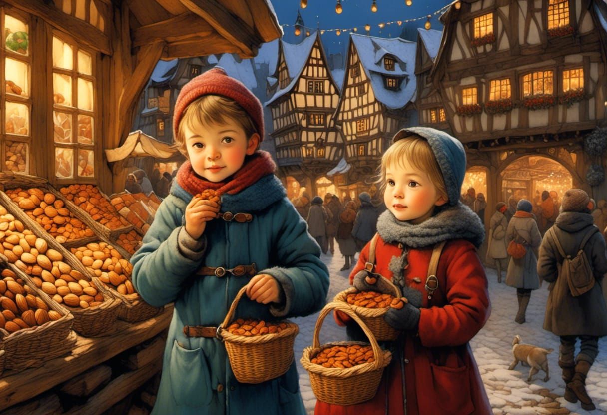 Children Enjoying Almonds at Christmas Market